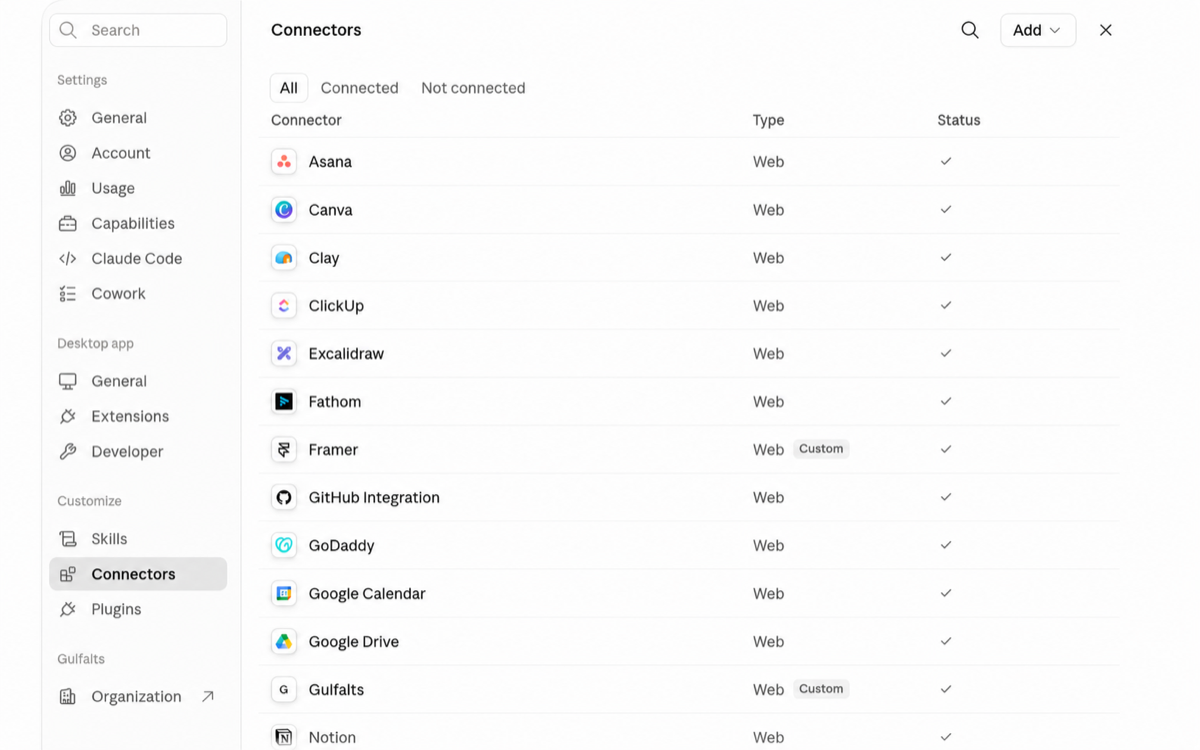 Claude Connectors settings.