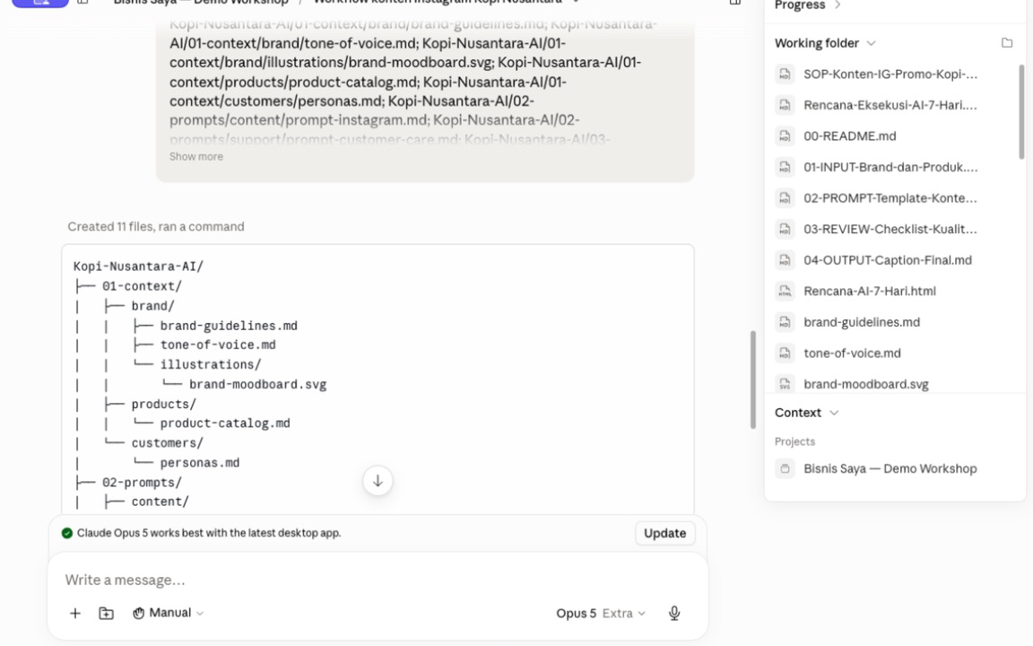 Claude membuat sebelas file dalam struktur project bertingkat sambil menampilkan Working Folder dan context project.