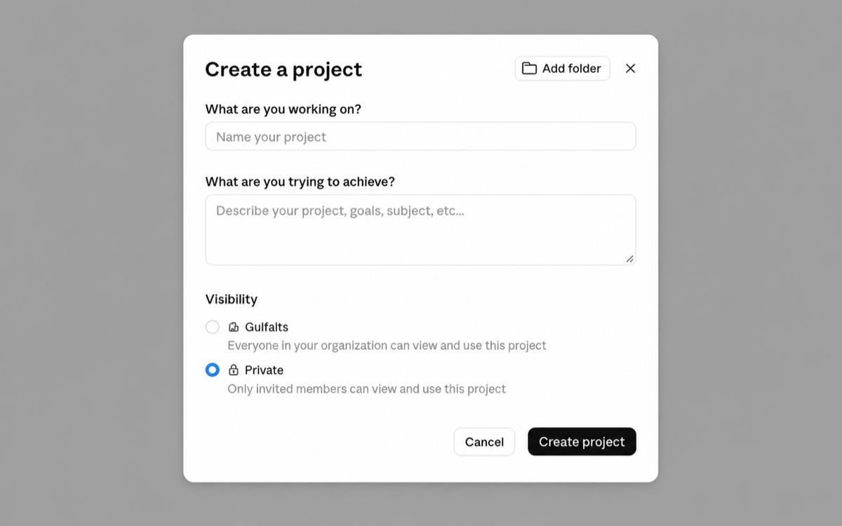 Claude Create a project dialog.
