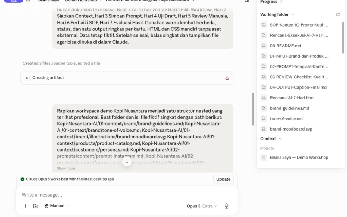 Claude sedang membuat artifact rencana eksekusi AI tujuh hari dari prompt workflow bisnis.